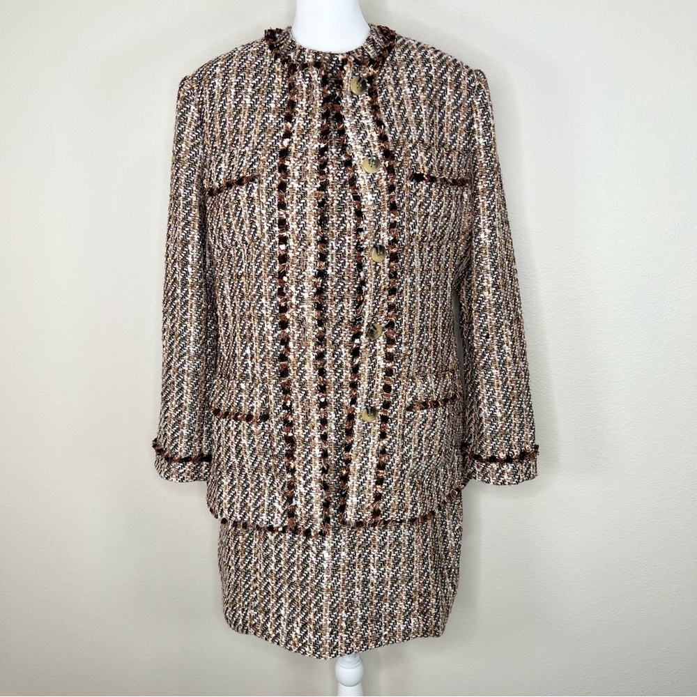 Ann Taylor Brown Metallic Tweed Fringe Sheath Dress & Jacket Suit Set